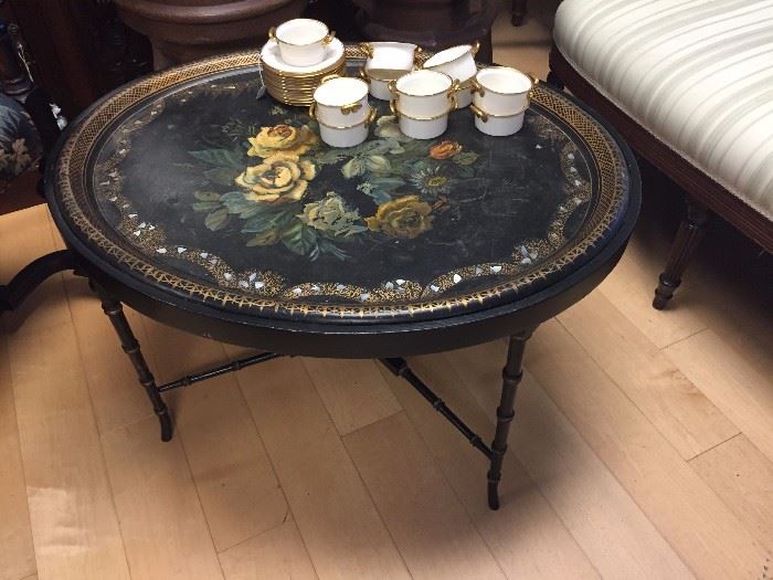 Victorian Lacquer Tray Table, Set of Lennox Ramekins with Underplates.