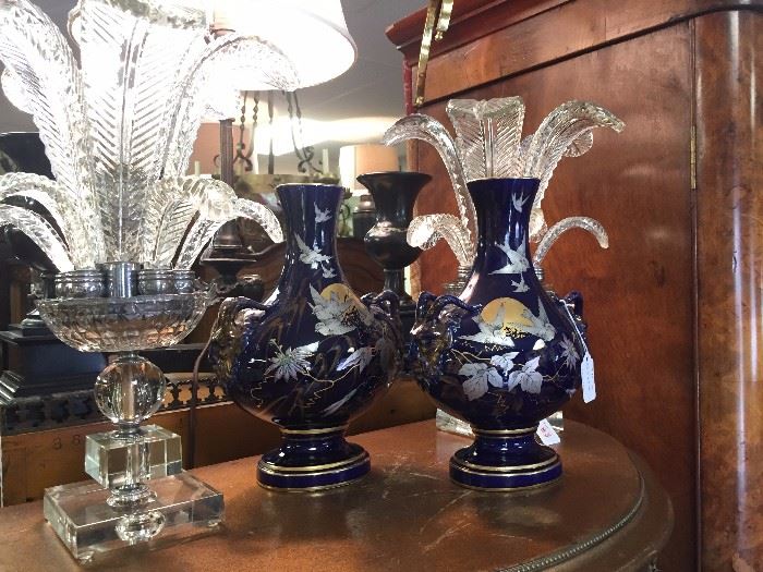 Art Deco Feather Lights and Victorian Cobalt Blue Porcelain Vases