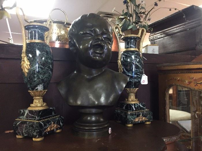 Pair of Empire Doré and Marble Urns, Bronze Bust of a Crying Infant