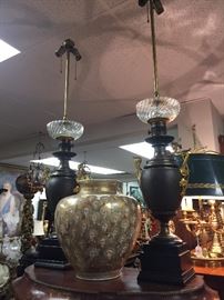Pair of Italianate Oil Lamps (Electrified as lamps), large Satsuma Jar.