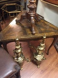 Vintage Cricket Table, Pair of Brass Andirons