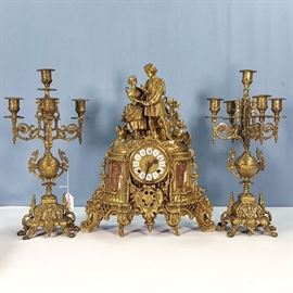 Clock European Ornate Brase Mantle Figural Topper Candelabra Dependencies