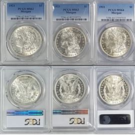 Coins MS64 MS63 MS62 US Silver 1921 Morgan Dollars PCGS Graded Slabbed Set