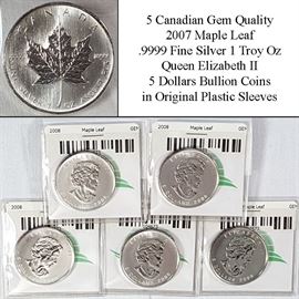 Coins Silver Canadian Maple Leaf 2008 One Oz Bullion Coins