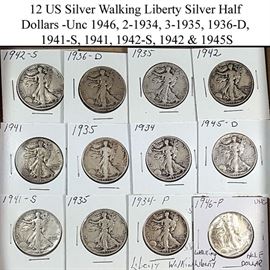 Coins US Silver 12 Walking Liberty Half Dollars