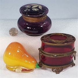 Glass Antique Hinged Jars Enameled Ormolu Art Glass Pear Paperweight