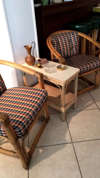 Upholstered Bamboo Arm Chairs and Side Table...
