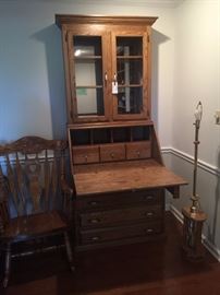 #61	Cabinet	Oak Secretary with 4 drawers & Drop down Front and Glass Shelf Top  36x23x7'2"	 $275.00 
