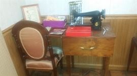 Early 1900's Singer Sewing Machine, Antique Victorian Chair 