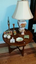 Wooden Table with Collectiables 