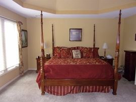 American Drew dresser and ornate wood framed beveled edge mirror, matching night stands, King four post bed. (mattress and box springs not for sale)