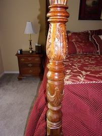 American Drew dresser and ornate wood framed beveled edge mirror, matching night stands, King four post bed. (mattress and box springs not for sale)