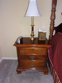 American Drew dresser and ornate wood framed beveled edge mirror, matching night stands, King four post bed. (mattress and box springs not for sale)