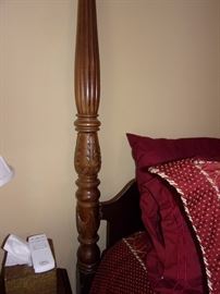 American Drew dresser and ornate wood framed beveled edge mirror, matching night stands, King four post bed. (mattress and box springs not for sale)