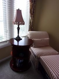 Chaise/chair/ottoman with red stripe / round table not for sale