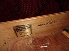 American Drew dresser and ornate wood framed beveled edge mirror, matching night stands, King four post bed. (mattress and box springs not for sale)