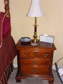 American Drew dresser and ornate wood framed beveled edge mirror, matching night stands, King four post bed. (mattress and box springs not for sale)