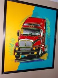 Kenworth T2000 Original Oil - Kenworth Truck Company has long been the leader in vehicle aerodynamics. They introduce the first aerodynamic truck in 1985 with the T600a. The T2000 was introduced in 1997 to further advance aerodynamics to reduce fuel consumption and lower cost. It also incorporated a wider cab for improved driver comfort. This painting was commissioned by Kenworth and was displayed at Kenworth's corporate offices in Kirkland, Washington. Kenworth is a division of Paccar which also owns the Peterbilt and DAF nameplates and is the 3rd largest truck manufacturer in the world. - Original painting