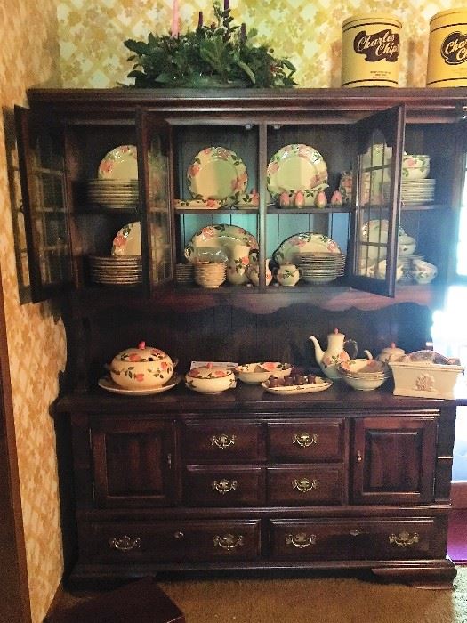 Antique Pine hutch with Desert Rose china