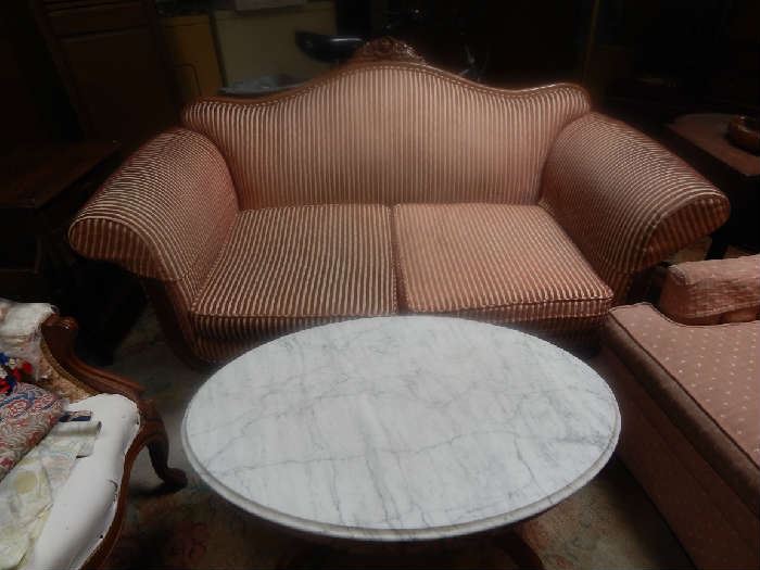 FABULOUS PARLOR LOVE SEAT AND MARBLE TOP COFFEE TABLE