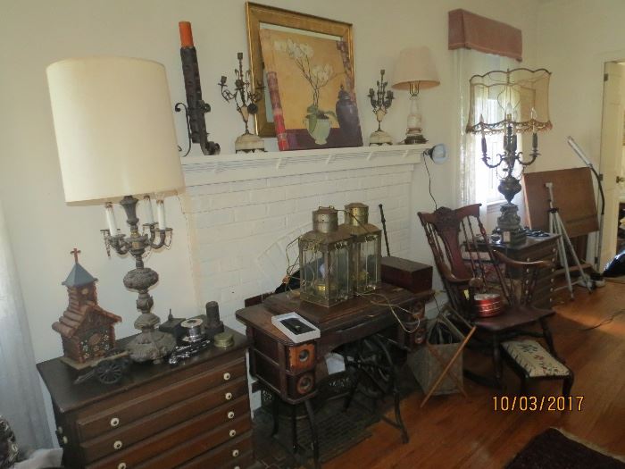 Vintage Table Lamps, 1920's rocker, Singer Sewing Machine with Iron base