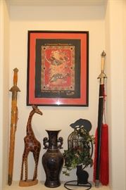 Swords, Giraffe, Asian artwork and Pottery and silk plant birdcage / cat decorator piece