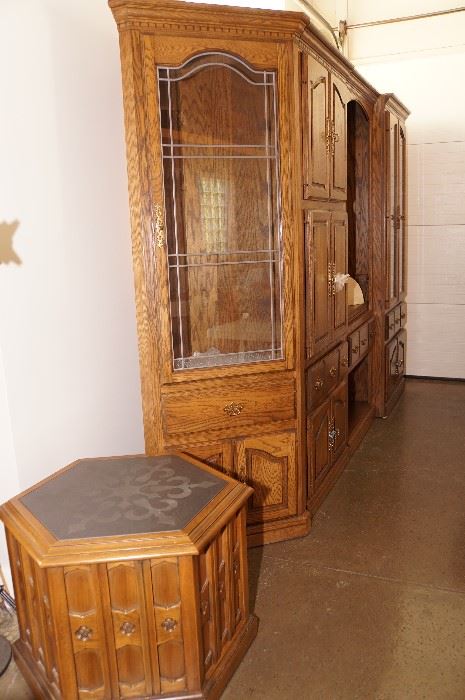 4 pc oak bookcase, curio cabinet ,entertainment center and 6 sided side table/cabinet with slate top