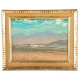 Carl Cogar Original 1965 Oil Painting on Masonite of a Field: An original 1965 oil painting on masonite of a field, signed and dated to the lower right by artist Carl Cogar. The painting depicts an open field surrounded by a mountain range and trees. It is presented in a gold tone wood frame with a wire for hanging purposes and a ink marking with the name of the artist and an illegible title are present to the verso.