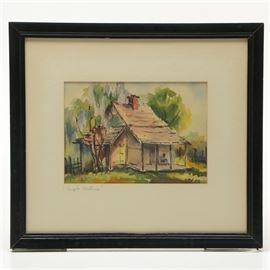 Louise Sarrazin Watercolor Painting "Purple Wisteria": A watercolor painting on paper titled Purple Wisteria by Louisiana artist Louise Sarrazin (1888-1967). This piece features a Southern rural cabin with a woman seated in a rocking chair on the porch and a purple wisteria tree growing to the side. It is signed in the painting to the lower left and titled on the mat in the same corner. The piece is presented behind a white mat and glass in a wood frame that is wired for hanging.