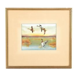 Offset Lithograph on Silk After Edward Ward of Ducks: An offset lithograph on silk after a painting of ducks by artist, Edward Ward. The print depicts a marsh rendered in autumnal tones and ducks taking flight. It is signed in-plate to the lower right, matted in pink, and presented behind glass in a gold tone wooden frame with hanging hardware to the verso. Affixed to the verso is a label from Pleasanton Art Gallery.