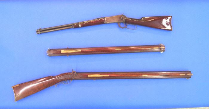 Top: Winchester Model 1894, side ring carbine, #235726. Bottom: Leonard Day & Sons long rifle #305 and extra 54 caliber barrel # 305