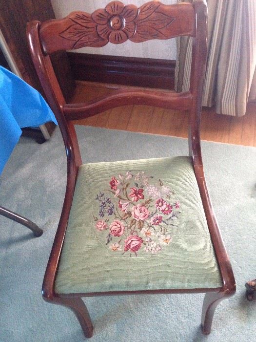 Very fine needlepoint upholstered chair center pattern has separate grid-point construction