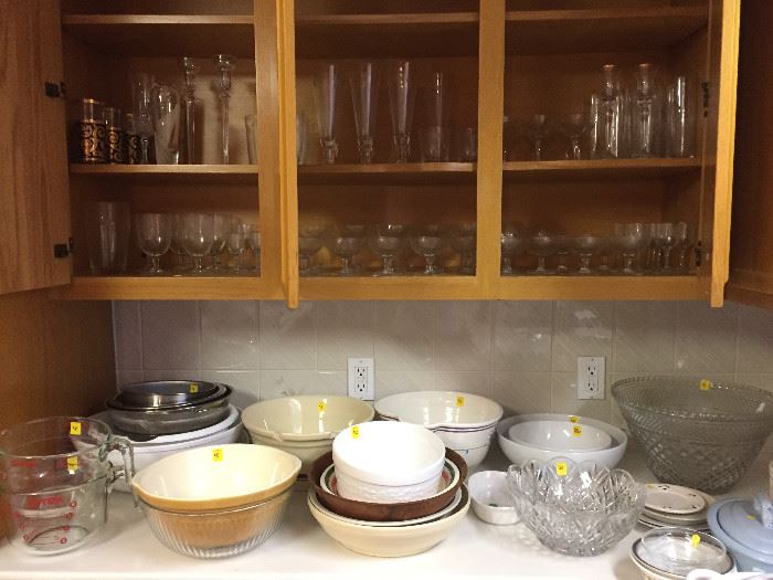 China glasses and lots of serving/baking ware.