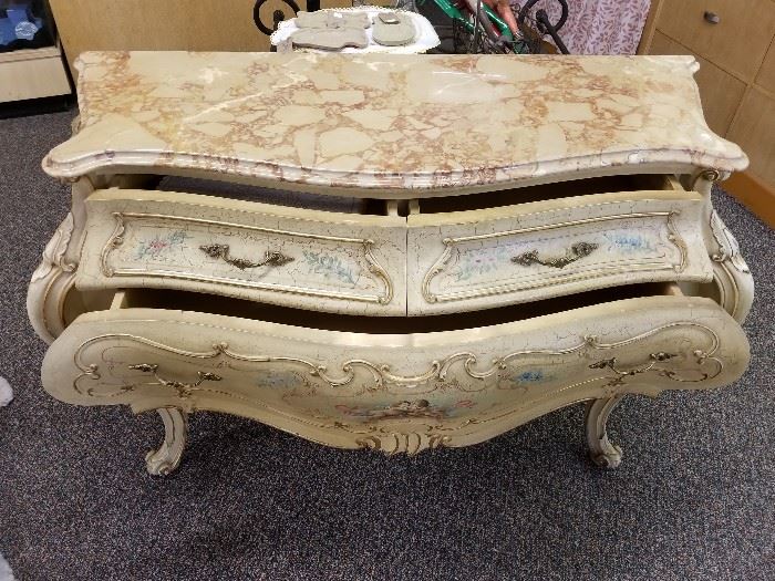 Beautiful antique, early 1900's commode. Marble top, three drawers. Handmade and hand painted.