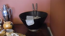 Cartier salad bowl. Sterling on bowl bottom and handles of 2 serving pieces