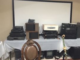 Audio components galore from makers like Sony, Denon, Sansui, and Yamaha