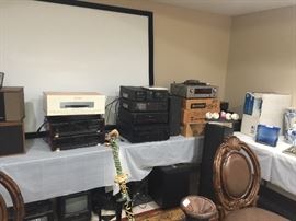 Audio components galore from makers like Sony, Denon, Sansui, and Yamaha