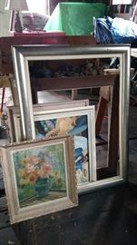 Assorted frames, vintage oil painting...
