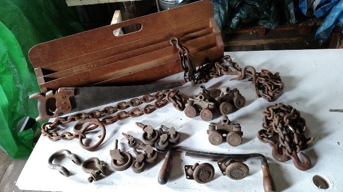 Unique wood tool caddy, vintage industrial hook and chains - various sizes, swivel casters, door rollers, misc, casters...
