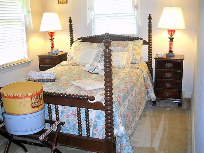 SPINDLE BED ,4 DRAWER NIGHT STANDS AND CRANBERRY LAMPS