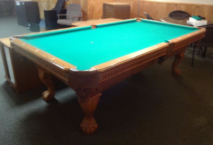 8' billiard table Fischer made by CL Bailey, Dutchess design, leather pockets, 3 piece 1"slate, ball and claw foot leg style. includes pool cues