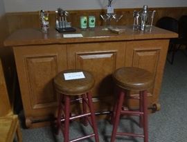 bar and stools, Bar sides fold in and top folds down. One drawer and shelves on back side