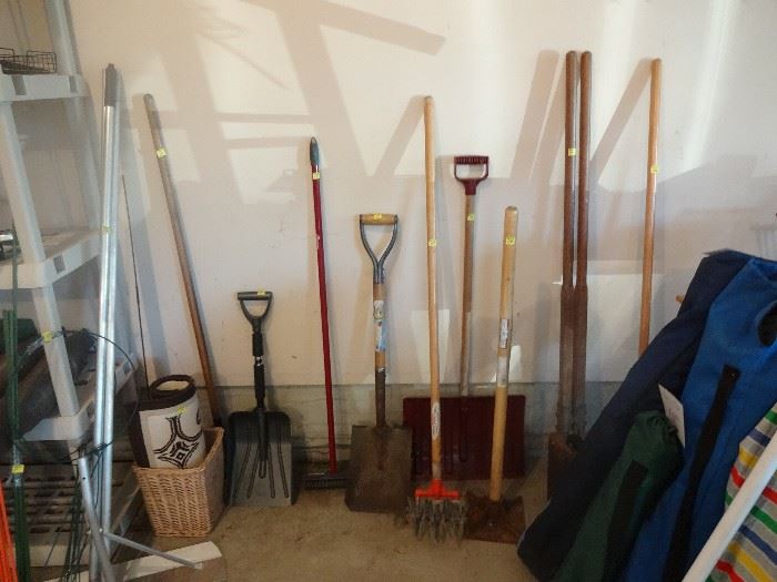 yard tools, camp chairs, beach umbrella, golf umbrellas