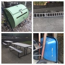 6’Lifetime Outdoor Picnic table/benches, Tumble-style Garden Composter, Wheel Barrow, Extension Ladder