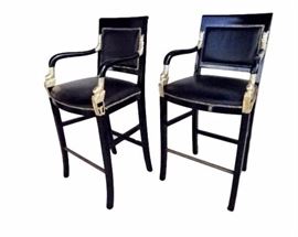 PAIR FRENCH EMPIRE STYLE BARSTOOLS WITH GOLD GILT DOLPHINS ON ARMS