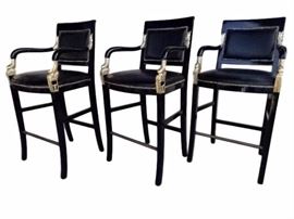 SET OF 3 FRENCH EMPIRE STYLE BARSTOOLS WITH GOLD GILT DOLPHINS ON ARMS