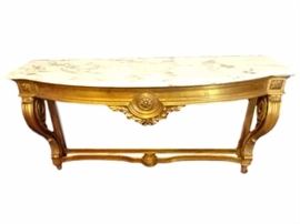 LOUIS XV STYLE GILT WOOD CONSOLE (WALL MOUNT) WITH WHITE MARBLE TOP