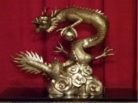 HUGE SILVER PATINATED BRONZE SCULPTURE OF A CHINESE DRAGON, CAN BE USED AS FOUNTAIN