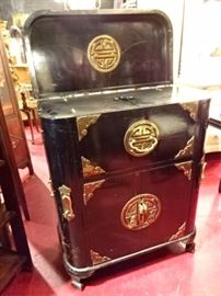 VINTAGE CHINESE BLACK ENAMEL BAR CABINET WITH BRASS MOUNTS