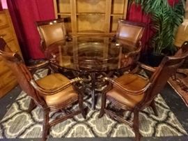 5 PIECE TOMMY BAHAMA STYLE DINING SET, BENTWOOD AND LEATHER TABLE WITH 4 LEATHER UPHOLSTERED ARMCHAIRS